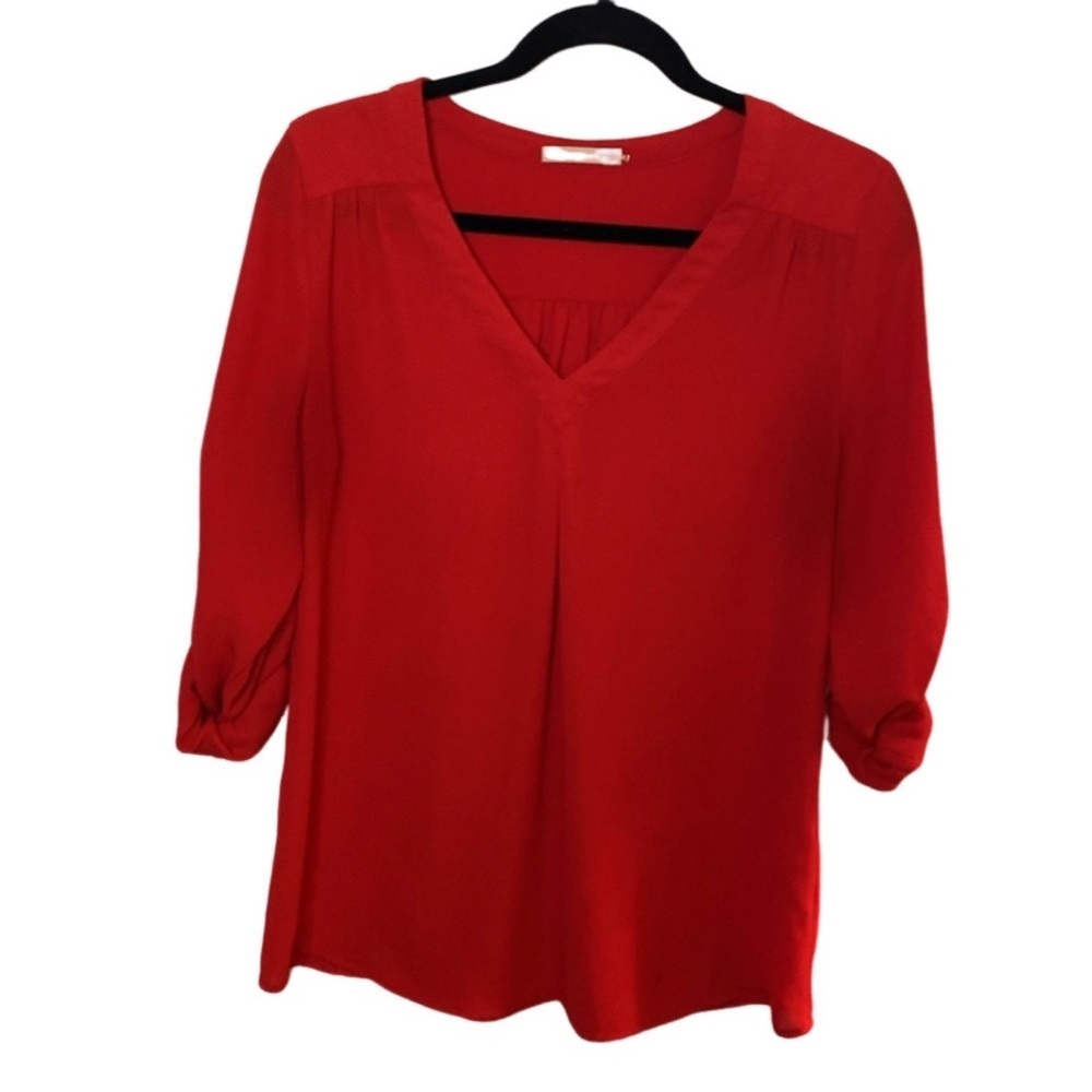 41 Hawthorne Red V-Neck Blouse Long Sleeve. Roll- tab sleeves. Size M.